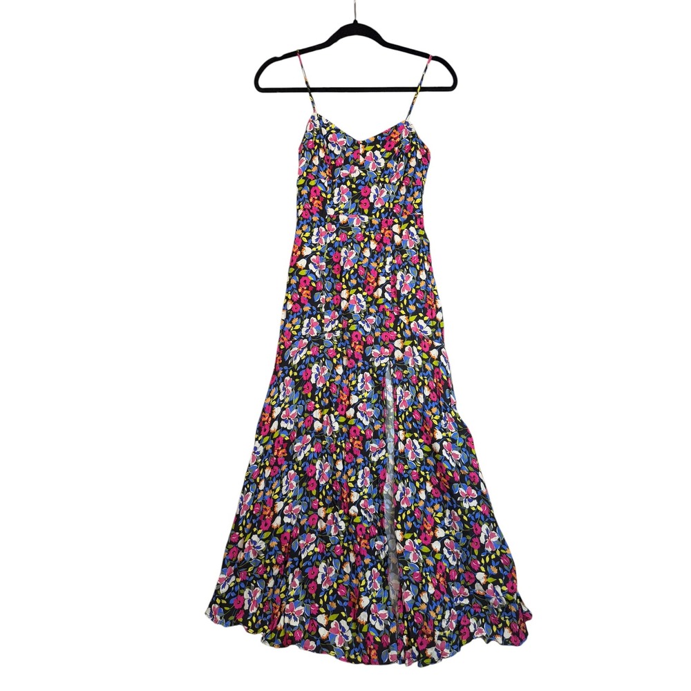 Yumi Kim Floral Maxi Dress Womens 4 Black Multi Color Smocked Back Slit Tiered
